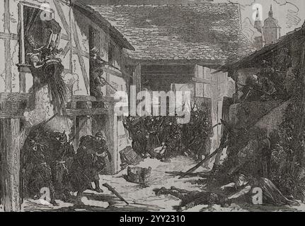 Deutsch-Französischer Krieg (1870–1871). Schlacht von Wissembourg, 4. August 1870. Episode der Eroberung von Wissemburg durch preußische Truppen. Bauern verteidigen ein Bauernhaus. Gravur. Historia de la Guerra de Francia y Prusia (Geschichte des Krieges zwischen Frankreich und Preußen). Band I. veröffentlicht in Barcelona, 1870. Stockfoto