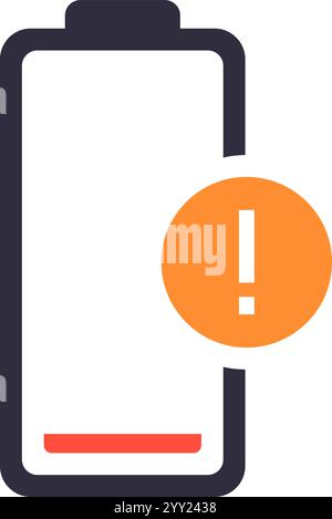 Das Batteriesymbol zeigt einen kritischen Ladezustand mit einem Ausrufezeichen an, das darauf hinweist, dass ein Ladevorgang dringend erforderlich ist, um ein Herunterfahren des Geräts zu verhindern und Stock Vektor