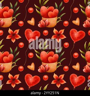 Nahtloses Aquarellmuster mit roten Herzen, Blumen, Ballons und grünen Blättern symbolisiert Liebe und Romantik. Perfekt für Valentinskarten Stockfoto