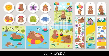 Niedliche Capybara-Karten mit Bad, Obst, Schilf, Vögeln. Vektor-Cartoon Capibara quadratisch, rund, vertikal Druckvorlagen. Niedliches Design für Tags, Postwagen Stock Vektor