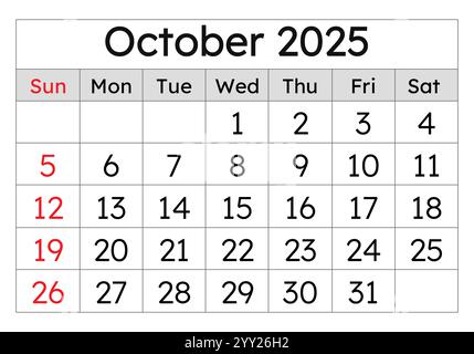 Kalender für oktober 2025. Einfache Vektordarstellung. Englische Seite des Herbstmonats Stock Vektor