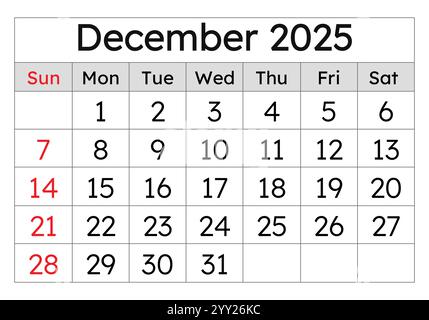 Kalender für dezember 2025. Einfache Vektordarstellung. Englische Seite des Wintermonats Stock Vektor