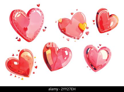 Gezeichnete Aquarellherzen. Valentinstag. Februar. Die Winterferien. Februar. Paargesetz. Herzset zur Dekoration. Liebe. Aquarell Stock Vektor