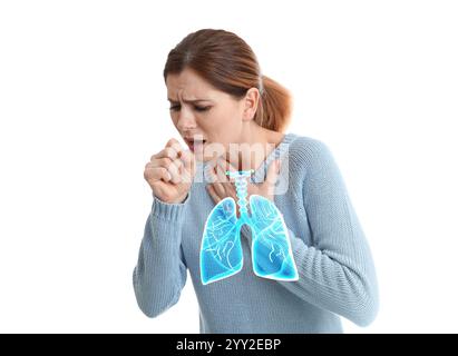 Frau mit Asthma Husten auf weißem Hintergrund. Illustration der Lunge Stockfoto