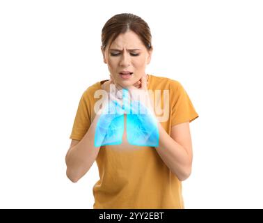 Frau mit Asthma Husten auf weißem Hintergrund. Illustration der Lunge Stockfoto