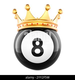 Schwarzer 8-Ball mit goldener Krone, 3D-Rendering isoliert auf weißem Hintergrund Stockfoto