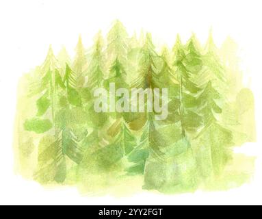 Aquarellfarben Waldlandschaft Hintergrund. Wunderschöne Aquarelllandschaft mit Bergen und Wäldern. Designelemente für Aquarellabbildungen Stockfoto