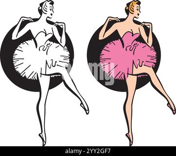 Eine Vintage-Retro-Illustration einer Ballerina in einem Tutu, das in einer Ballettvorstellung tanzt. Stock Vektor