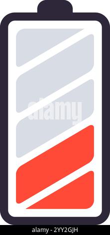 Das Akkusymbol zeigt einen niedrigen Ladezustand an, während der untere Teil rot ausgefüllt wird, was den kritischen Stromstatus und die Notwendigkeit eines sofortigen Ladevorgangs anzeigt Stock Vektor