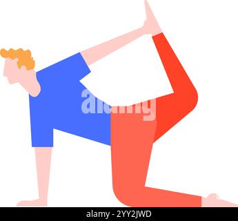 Junger Mann, der Yoga praktiziert, die einbeinige Königstaube-Pose, eine anspruchsvolle Rückenbeugung, die Hüften und Brust öffnet, die Flexibilität fördert und Stock Vektor