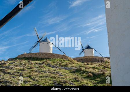 Typische Windmühlen im Dorf Consuegra, Provinz Toledo, Castilla La Mancha, Spanien Stockfoto
