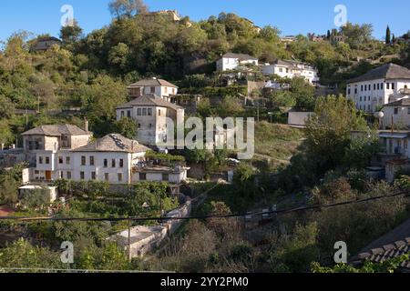 Albanische Stadt Gjirokaster. Häuser in den Bergen, üppige Vegetation, Steindächer. Panorama der Stadt Gjirokaster. Stockfoto