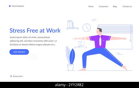 Büroangestellte, die Yoga-Übungen für Entspannung und Stressabbau durchführen, eine gesunde Work Life Balance fördern und das allgemeine Wohlbefinden im fördern Stock Vektor