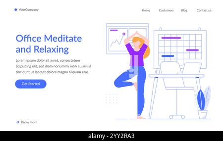 Büroangestellte praktiziert Yoga in ihrem Arbeitsplatz, findet Entspannung und Meditation, um den Fokus zu erhöhen und eine gesunde Work Life Balance während Stock Vektor