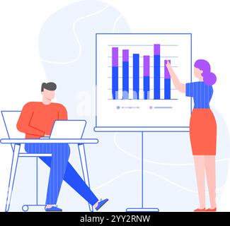 Geschäftsfrau, die während einer Präsentation auf das Diagramm auf dem Whiteboard zeigt, Geschäftsmann mit Laptop, Analyse von Finanzdaten und Planungsstrategie Stock Vektor