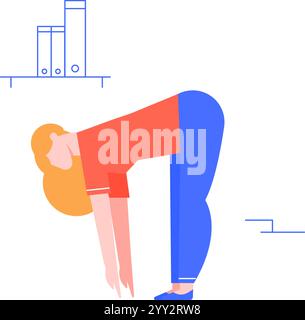 Junge blonde Frau in lässiger Kleidung, die sich nach unten beugt und den Boden mit ihren Händen berührt, am Arbeitsplatz Dehnübungen macht, Gesundheit fördert und Stock Vektor