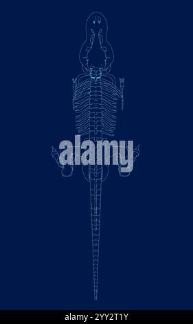 Tyrannosaurus rex oder t rex Dinosaurier Umriss isoliert auf Blau. Vektordarstellung des Konturstils. Draufsicht Stock Vektor