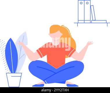 Junge Frau, die Yoga praktiziert und in Lotusposition meditiert, um Achtsamkeit an ihrem Arbeitsplatz mit Mappen im Regal und Topfpflanzen in der Nähe zu haben Stock Vektor