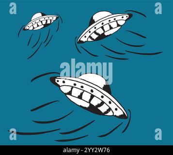 Fliegende Untertasse hinterlässt Dampfspuren auf gelbem Hintergrund Stock Vektor