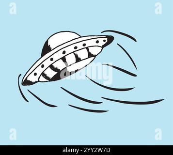 Fliegende Untertasse hinterlässt Dampfspuren auf gelbem Hintergrund Stock Vektor