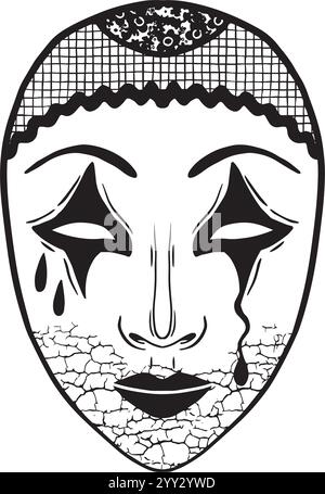 Diese künstlerische Maske Illustration zeigt Tränen und einen verstörten Look, ideal für verschiedene künstlerische Themen. Handgezeichnete Schwarzweiß-Grafiken für die Gestaltung von Websites, Artikeln, Broschüren, Etiketten oder Werbung. Stock Vektor