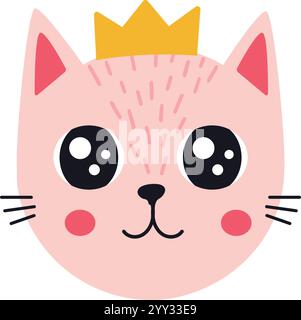 Die niedliche rosa Katze trägt eine goldene Krone, mit großen, ausdrucksstarken Augen und einem süßen, lächelnden Gesicht, die ein charmantes und skurriles Design schafft Stock Vektor