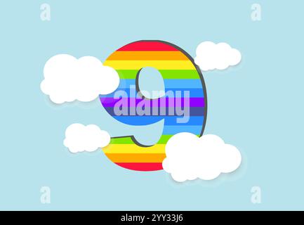 Nummer 9 Regenbogenzählung Lernen Sie Objekt-Design, abstrakte Regenbogenzahl für Kinder, Liebe, Familie und scholl Konzept Vektor-Illustration Design Stock Vektor