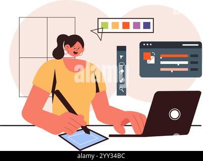Grafikdesigner Vektor-Illustration mit Kreativität und Geschäft mit Design-Software für die Erstellung von Cartoon- und Animationsprodukten im Hintergrund Stock Vektor