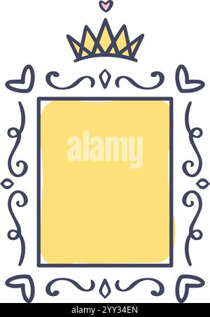 Von Hand gezeichnete goldene Krone mit Herzen und Blüten, die einen gelben vertikalen Rahmen verzieren, schaffen ein königliches und romantisches Design, das perfekt für verschiedene Arten ist Stock Vektor