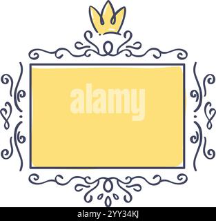 Handgezeichneter Rahmen mit Krone, Wirbeln und Blüten für ein königliches und elegantes Design, perfekt für Einladungen, Ankündigungen oder Stock Vektor