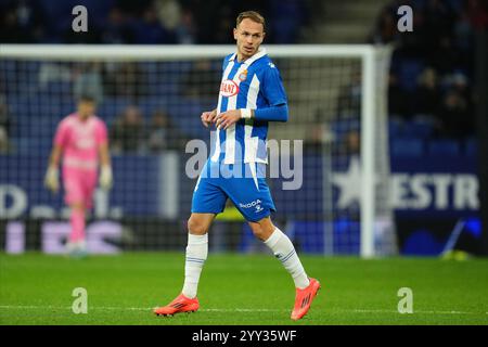 Irvin Cardona von RCD Espanyol spielte während des La Liga EA Sports Matches zwischen RCD Espanyol und Valencia CF am 18. Dezember 2024 im RCDE Stadium in Barcelona, Spanien. (Foto: Bagu Blanco / PRESSINPHOTO) Stockfoto