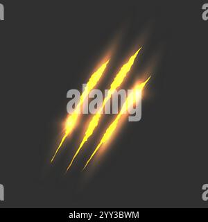 Katzenkratzer. Realistische goldene Tierkrallenmarkierung isoliert auf schwarzem Hintergrund. Löwen- oder Tiger-Kratzspuren. Risse von Kratzern von Tierkrallen Stock Vektor