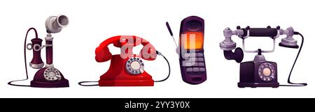 Vintage-Cartoon-Kollektion für Handys. Retro-Telekommunikationsgeräte - historisches Kerzenleuchter-Modell, klassisches rotes Drehgerät, früher klappbarer Handapparat, antikes Tischtelefon. Rufen Sie die Geräte an. Stock Vektor