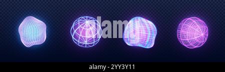 Tech Sphere 3D Drahtmodell Set – Neon leuchtende geometrische Formen mit Gittermuster in violettem und rosa Verlauf. Abstrakte digitale Netzkugeln mit leuchtenden Linien und verformten Oberflächen. Futuristische Elemente. Stock Vektor