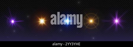 Leuchtendes Glanz- und Blendlicht - helle, mehrfarbige Sterne funkeln, goldener Sonnenschein, leuchtend lila Fackeln, leuchtend blaue Lichtstrahlen. Realistische magische Effekte oder Foto-Overlays. Stock Vektor