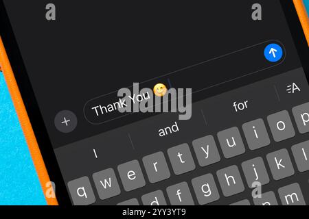 Danksagung in der Message App des Smartphones Stockfoto