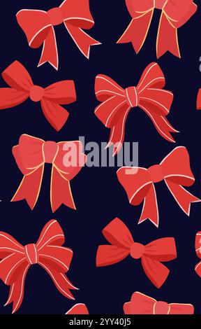 Nahtloses Weihnachtsmuster des Vektors mit roten Bögen auf dunkelblauem Hintergrund. Feiertagsstruktur mit Bändern in flacher handgezeichneter Form zum Einwickeln von Papier Stock Vektor
