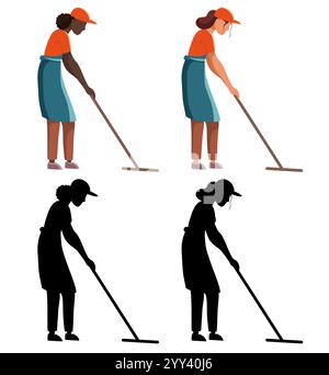 Vektorsatz von Cliparts von weiblichen Reinigungsmitteln in flachem Stil und schwarzer Silhouette. Sammlung von Arbeiterinnen verschiedener Nationalitäten in der Reinigung Stock Vektor