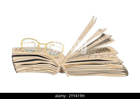 Brille auf geöffnetem Vintage-Buch mit flatternden Seiten. Literatur, Wörterbuch, Lehrbuch, Enzyklopädie. Hexerei, Bibel, Buchhandlung, Bibliothek, Bildung Stock Vektor