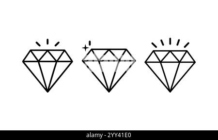 Einfache Diamantsymbole mit funkelnden Effekten, Logos. Diamantsymbol dünne Linie Illustrationsset. Drei schwarze Rautensymbole auf weißem Hintergrund. Stock Vektor