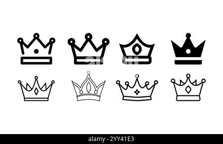 Sechs verschiedene Kronensymbole in einem einfachen Design, königliche Luxussymbole, schwarze Kronensilhouetten, verschiedene Kronensymbole, die Macht symbolisieren, Autorität. Stock Vektor