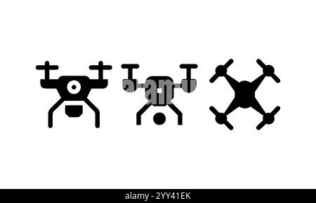 Vektor-Illustration von verschiedenen Drohnenmodellen, Drohne, Quadrocopter-Symbolsatz. Technologie-Geräte eingestellt. Symbol für die Silhouette der Drohne. Vektorabbildung. Stock Vektor