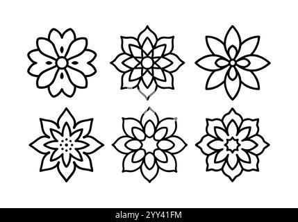 Set mit dekorativen schwarzen Linien, Set mit abstrakten dekorativen radialen Blumenmustern. Blumensymbole. Abgerundete Konstruktionselemente. Vektor-Art.. Stock Vektor