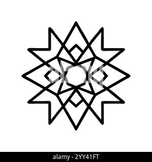 Kompliziertes geometrisches Sterndesign in Black Line, symmetrisches geometrisches Sterndesign mit ineinander verwobenen Linien, das eine auffällige und stilvolle Ästhetik für Grafiken bietet Stock Vektor