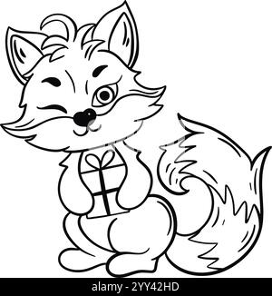 Süßer Fuchs mit Geschenk in den Pfoten schwarze Umrisszeichnung. Wildtier, Kinderfigur Clip-Art. Handgezeichneter Umriss Haustier, Ausmalseite. Vektorgrafiken Stock Vektor