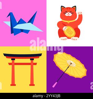 Souvenirs aus Japan – Set mit farbenfrohen Illustrationen im flachen Design Stock Vektor