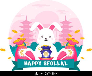 Happy Seollal Translation Koreanisches Neujahrsvektor-Illustration mit dem Jahr des Holzkaninchens und Goldmünzen für die Feier vom 29. Januar Stock Vektor