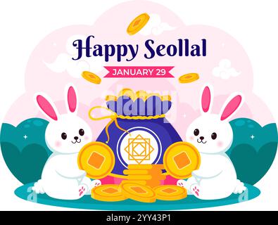 Happy Seollal Translation Koreanisches Neujahrsvektor-Illustration mit dem Jahr des Holzkaninchens und Goldmünzen für die Feier vom 29. Januar Stock Vektor