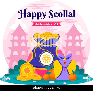 Happy Seollal Translation Koreanisches Neujahrsvektor-Illustration mit dem Jahr des Holzkaninchens und Goldmünzen für die Feier vom 29. Januar Stock Vektor