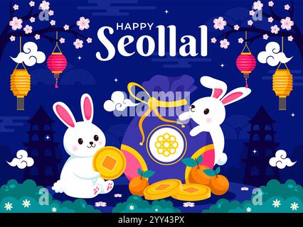 Happy Seollal Translation Koreanisches Neujahrsvektor-Illustration mit dem Jahr des Holzkaninchens und Goldmünzen für die Feier vom 29. Januar Stock Vektor